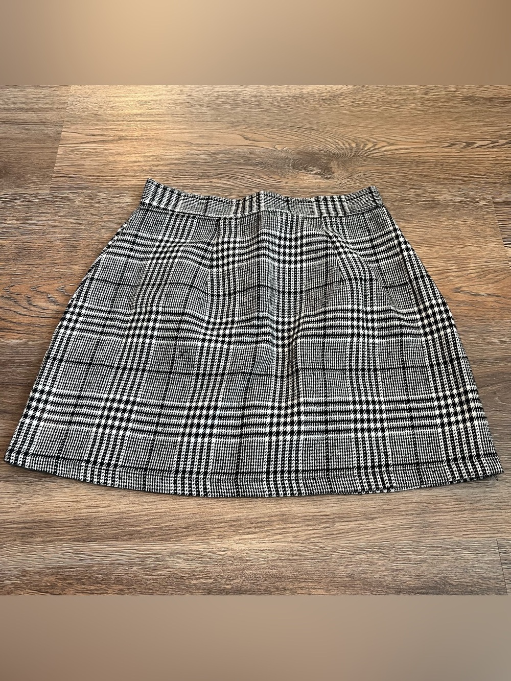 Black White Plaid Houndstooth Mini Skirt High Waist A-Line Small Office Casual